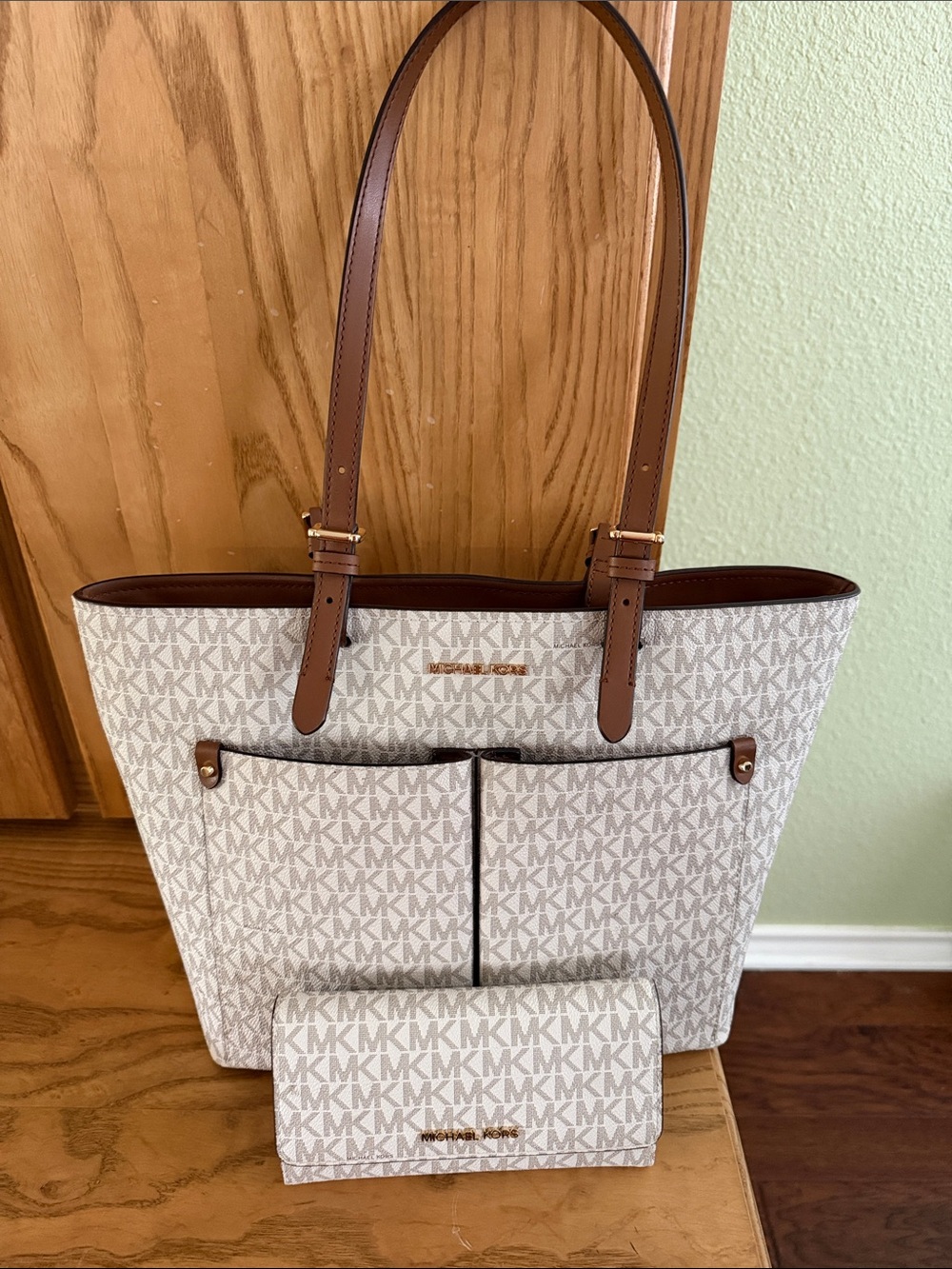 Michael Kors Cream & Brown MK Logo Tote with Matching Wallet